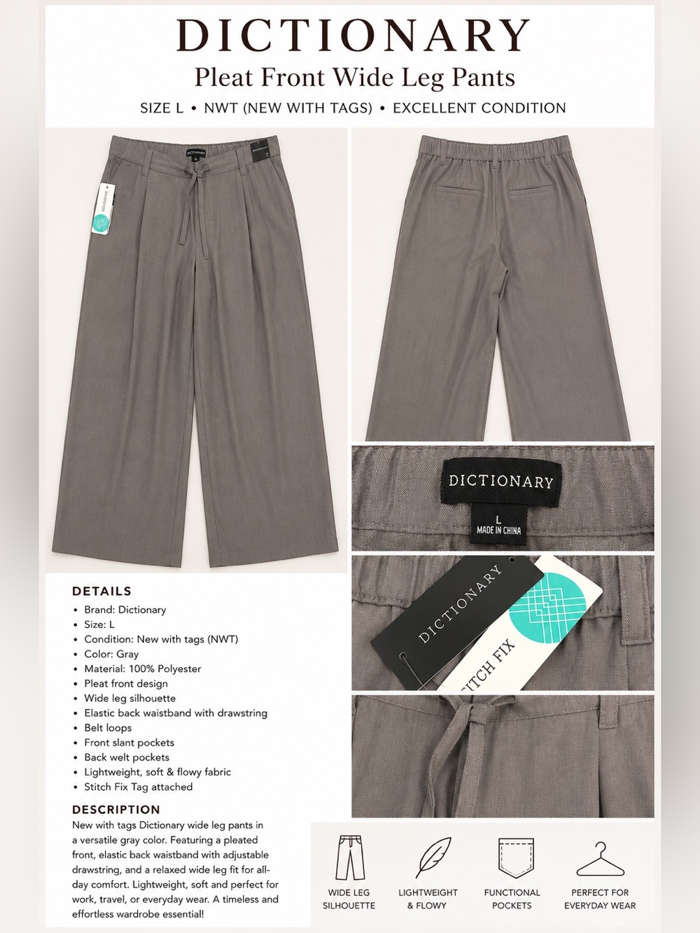 Dictionary Pleat Front Wide Leg Pants - Gray
